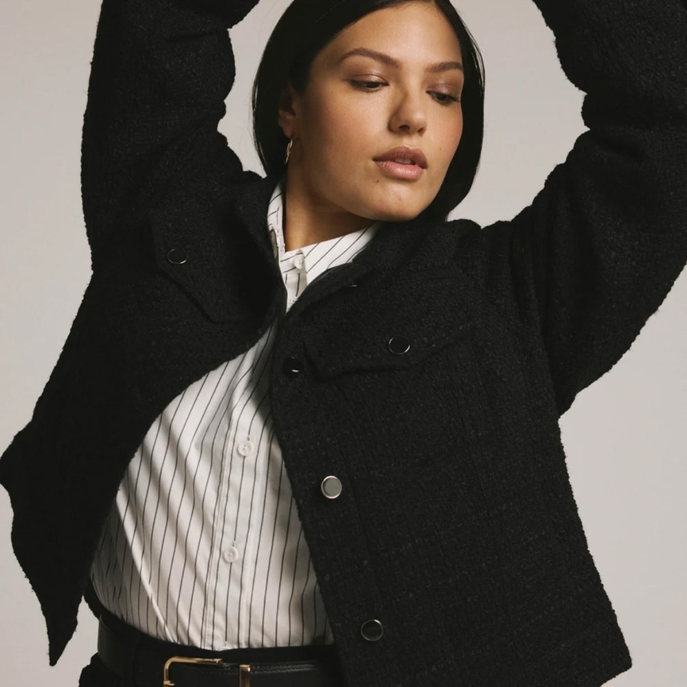 NEW! House of Harlow 1960 Tweed Jacket/Raw Hem/ Snap Front/Front Pockets/Black - Picture 3 of 15